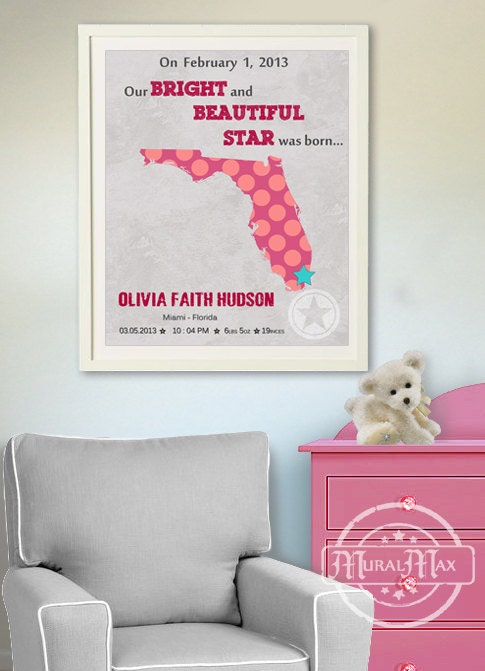 Kids wall art USA STATES MAP Poster Print  11 x14  , Birth Announcement Colorful Personalized Map Art for Children, Nursery art