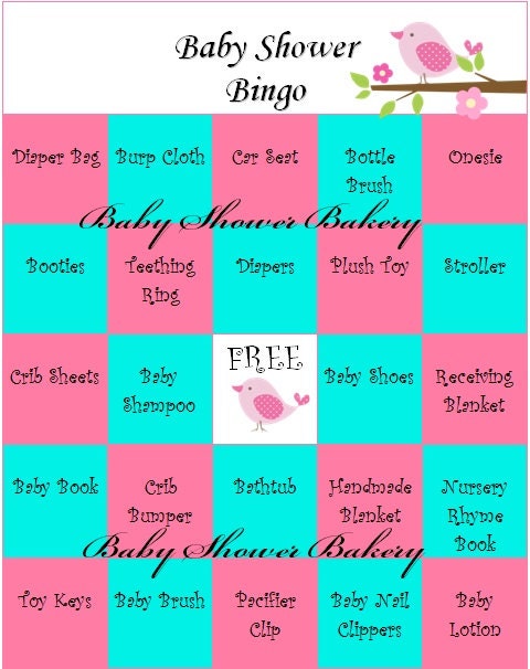 Baby Shower Bingo, Printable Bird Baby Shower Game, Baby Gift Bingo, Bird Theme Baby Shower Game, Pink and Turquoise Baby Shower, 40 Cards