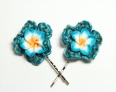 Teal plumeria bobby pins. Flower hair accessories. Teal crochet hair pins.