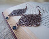 Antiqued Bronze Filigree Earrings with Montana Blue Dangling Swarovski Beads - Handmade Jewelry - Big Earrings - Ready to Ship