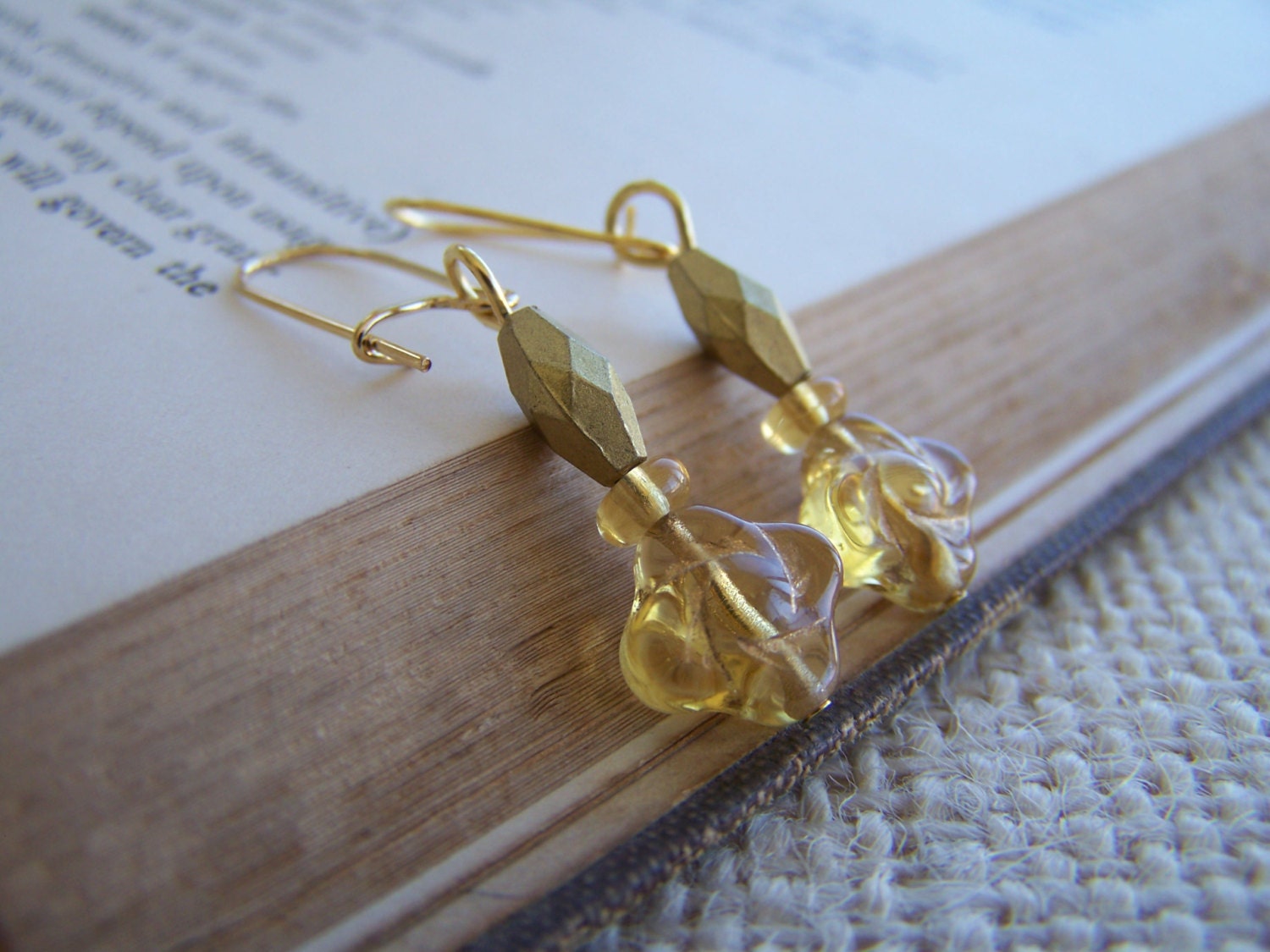 Golden Beaded Dangles on Kidney Earwires - Small Beaded Earrings - Handmade Jewelry - OOAK - Ready to Ship