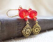 Red and Gold Glass Beaded Dangle Leverback Earrings - Long Earrings - Handmade Jewelry - Ready to Ship