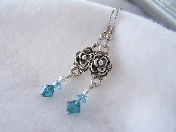 Turquoise Blue and Silver Rose Dangle Swarovski Earrings - Long Beaded Earrings - Handmade Jewelry - Ready to Ship