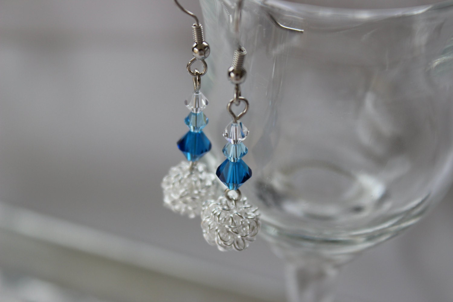 Clear, Aqaumarine, and Capri Blue Swarovski Dangling Beaded Earrings - Handmade Jewelry - Ready to Ship