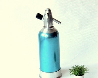 soda syphon- metalic light blue bottle- 1960s vintage - bar tool- cool home decor- kitchen item from Hungary- Sweetlakevintage