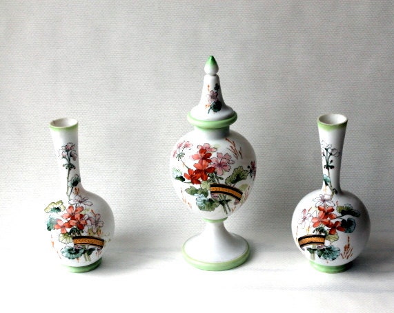 set of three white 1920 milk glass hand painted vases with a art nouveau style- floral design- Shabby Chic- hand painted