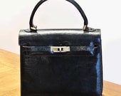 real lizard handbag Kelly bag vintage reptile bag black purse Italian 60s Mad Men handbag