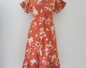 60s/70s Pumpkin Floral Tea Party Dress, S // Vintage Cotton Day Dress // Shirtwaist Dress by Malli Mari