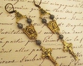 ASSEMBLAGE RELIGIOUS EARRINGS, Repurposed. Vintage Inspired. French Themed Jewelry Gift. Filigree Rosary Beads, Crucifix Cross. Silver Gold