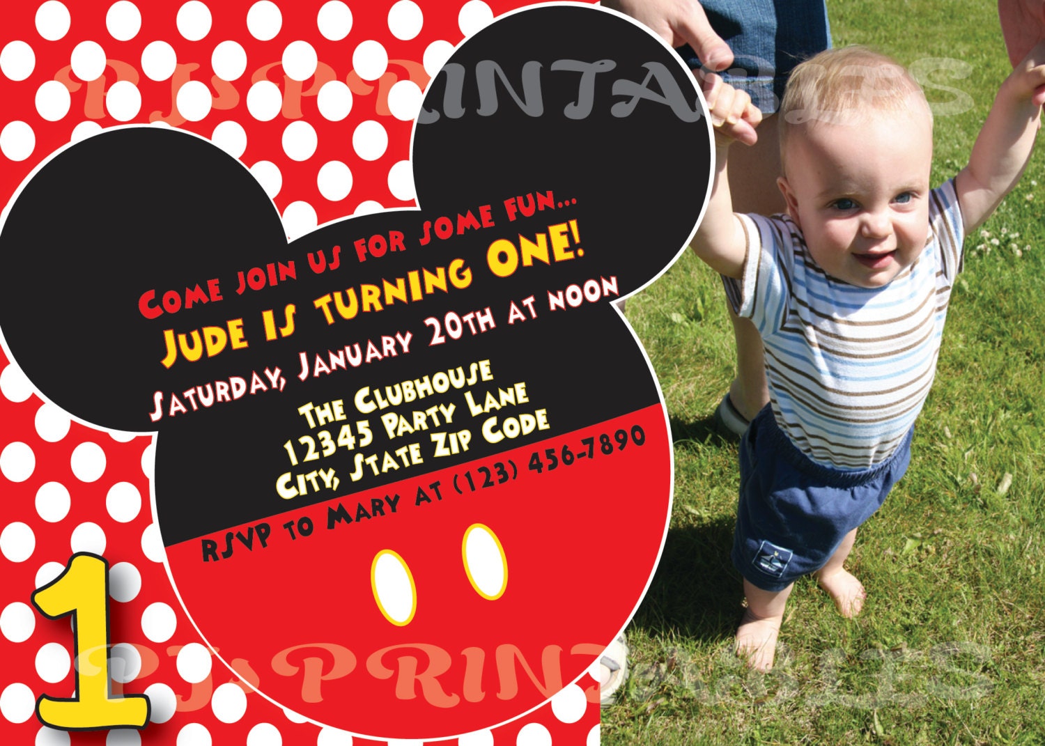 Mickey Mouse Polka Dot Birthday Invitation with picture - Custom Digital File Il_170x135