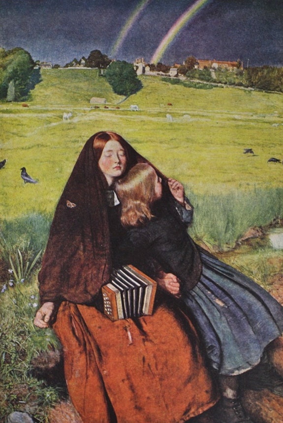 Millais / Vintage 1939 Art Print Famous Painting / The Blind Girl by John Everett Millais / Landscape with Rainbow / Mother and Child