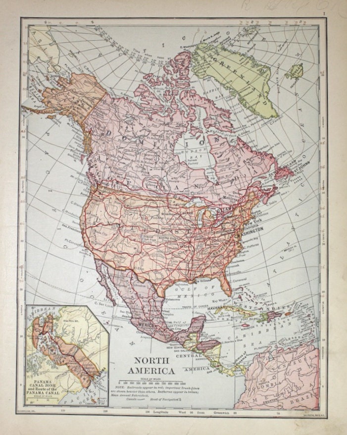 Vintage Color Map / 1912 Map of North America / United States / State Map Western States / Geography Book Page Atlas Print / Pastel Map
