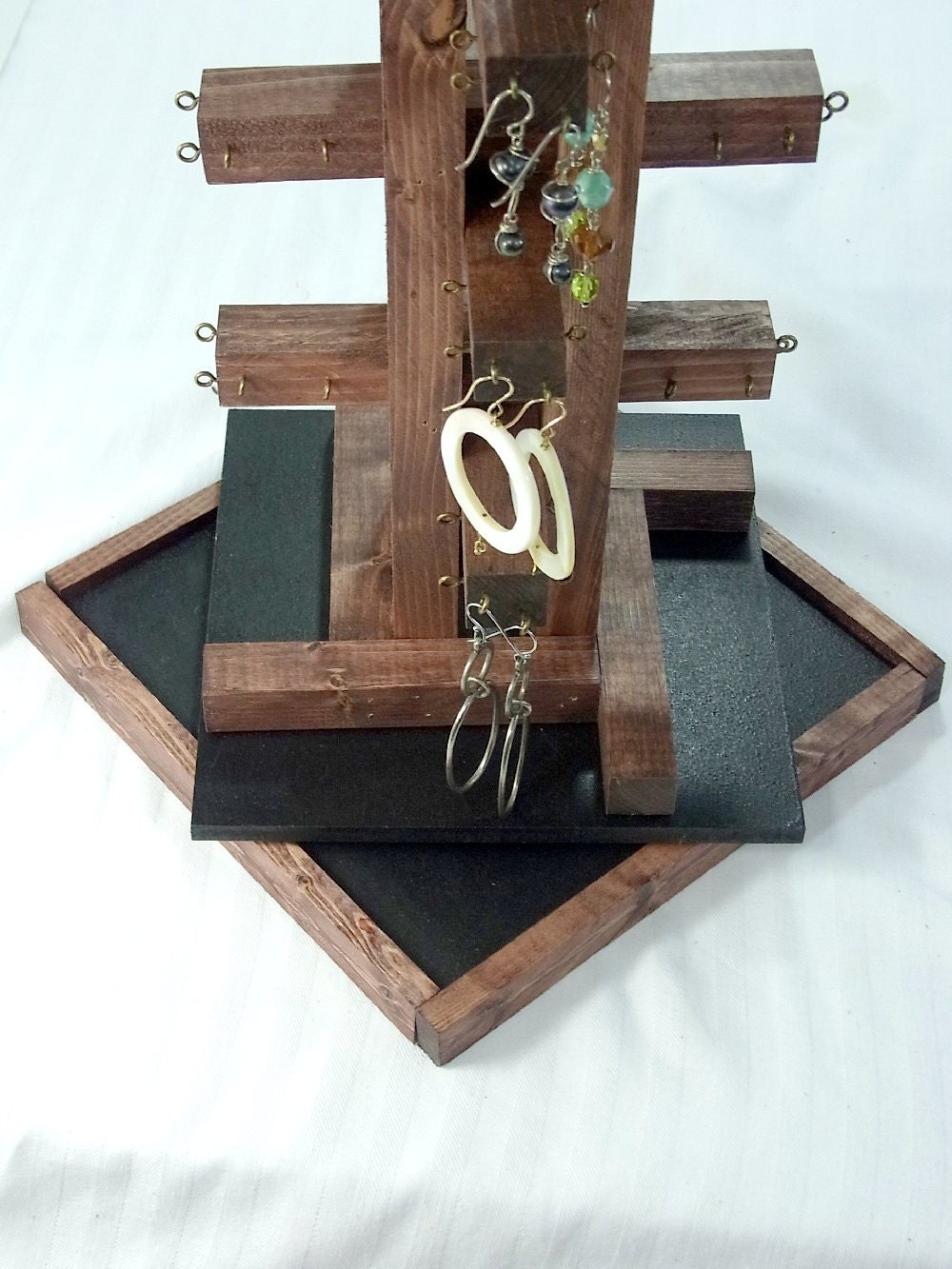 Rotating Earring Organizer Craftsman Stacked Wood Hanger Red Mahogany Stain Black Base