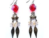 Red Crystal and Bronze Drop Earrings - Upcycle Jewellery