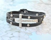 Sideways Cross Bracelet Leatherette Wrap - BLACK