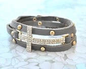 Sideways Cross Bracelet Leatherette Wrap - GREY
