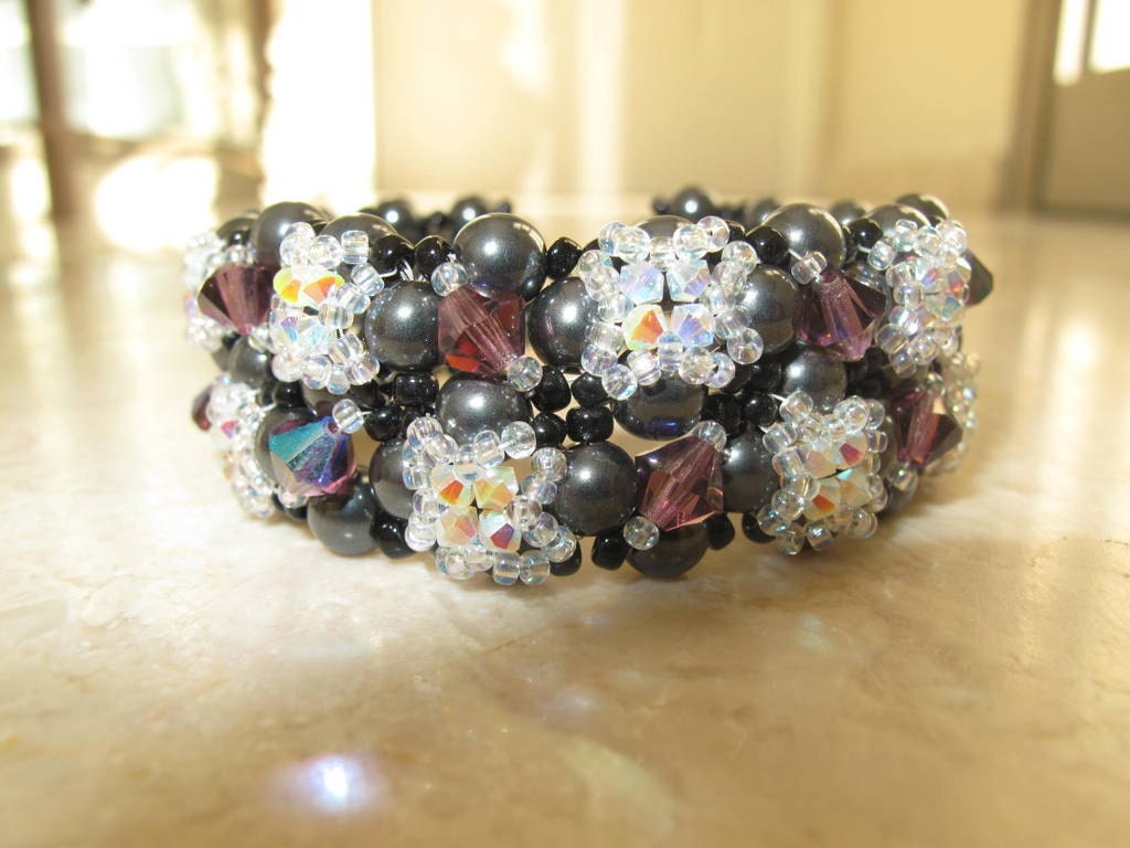 Elegant Beadweave CRYSTAL BRACELET, PURPLE Statement Bracelet, One Of A Kind evening Jewelry - 4976