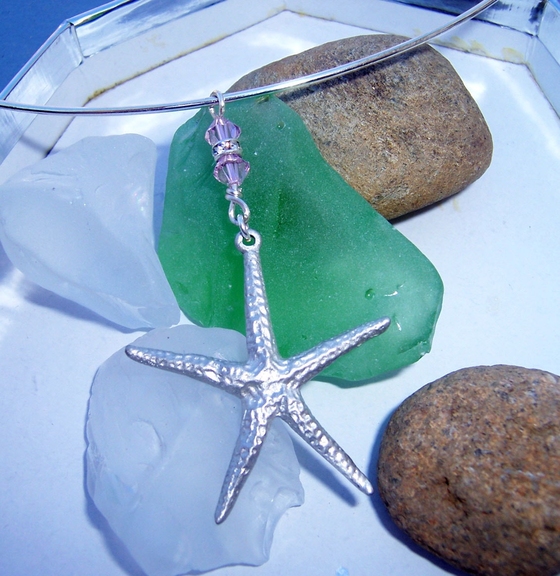 pewter starfish choker, pink crystal and starfish necklace