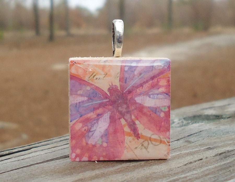 Bright colored butterfly Cute Wood Pendant Tile Necklace