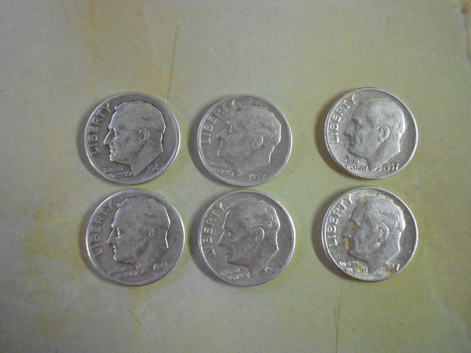 Silver Roosevelt Dimes - Set of 6 - dated between 1947 to 1957 - Instant Collection - DJGStuff