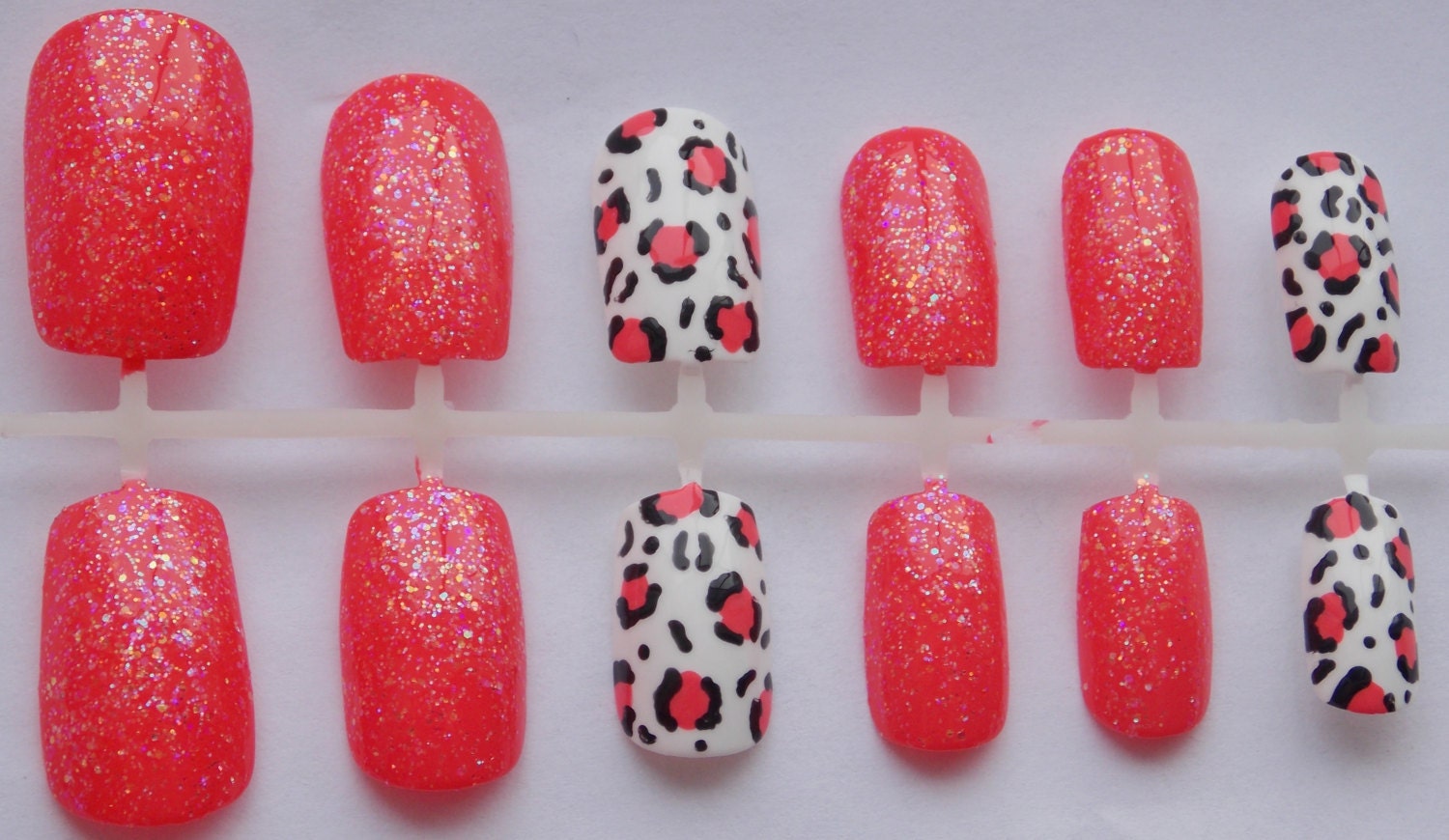 Coral Glitter and Cheetah or Leopard Fake Nails - False, Artificial, Acrylic, Press-On
