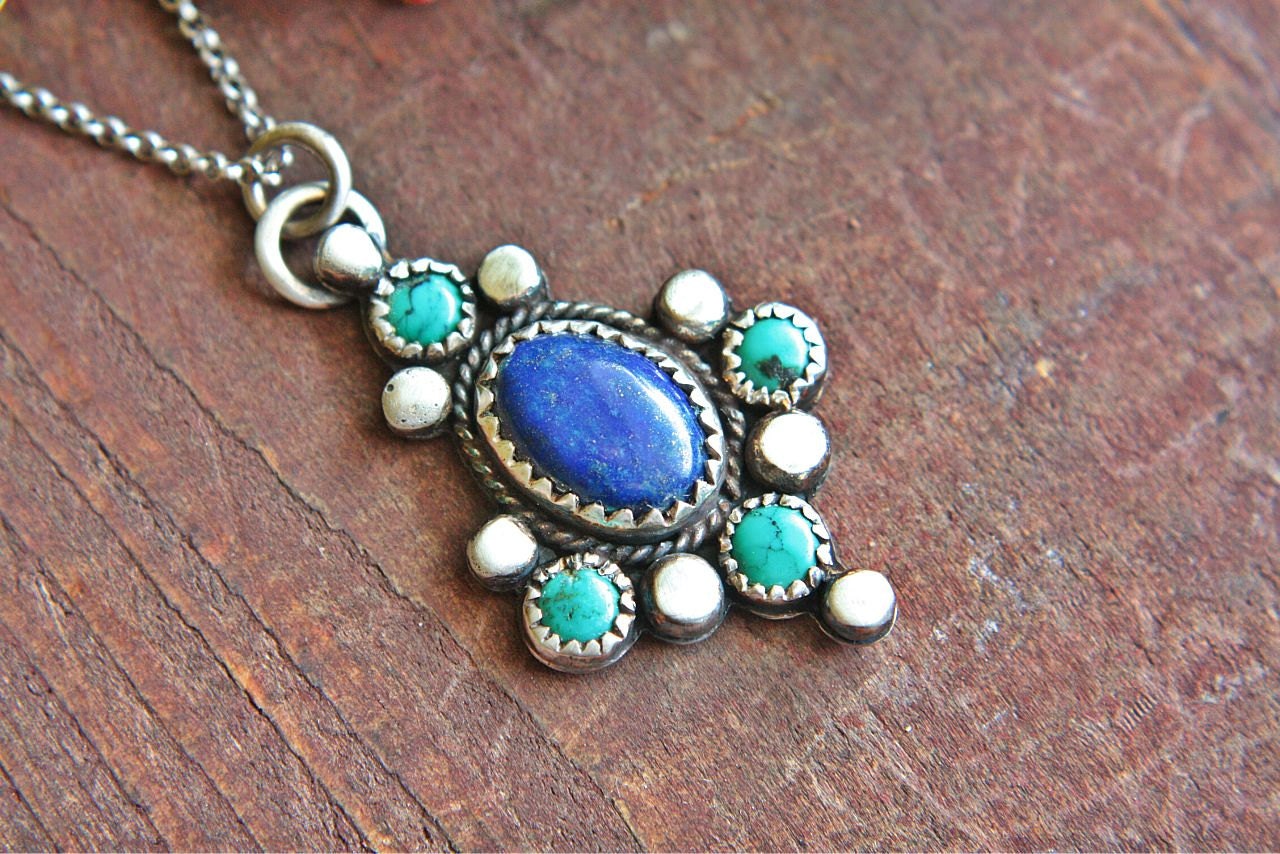 Turquoise Lapis Lazuli Pendant Sterling Silver Navajo Boho Gipsy Silversmithed Metalsmithed