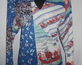 Vintage 70s 80s Crazy Asian Art Printed Retro Birds Boat Blouse Abstract