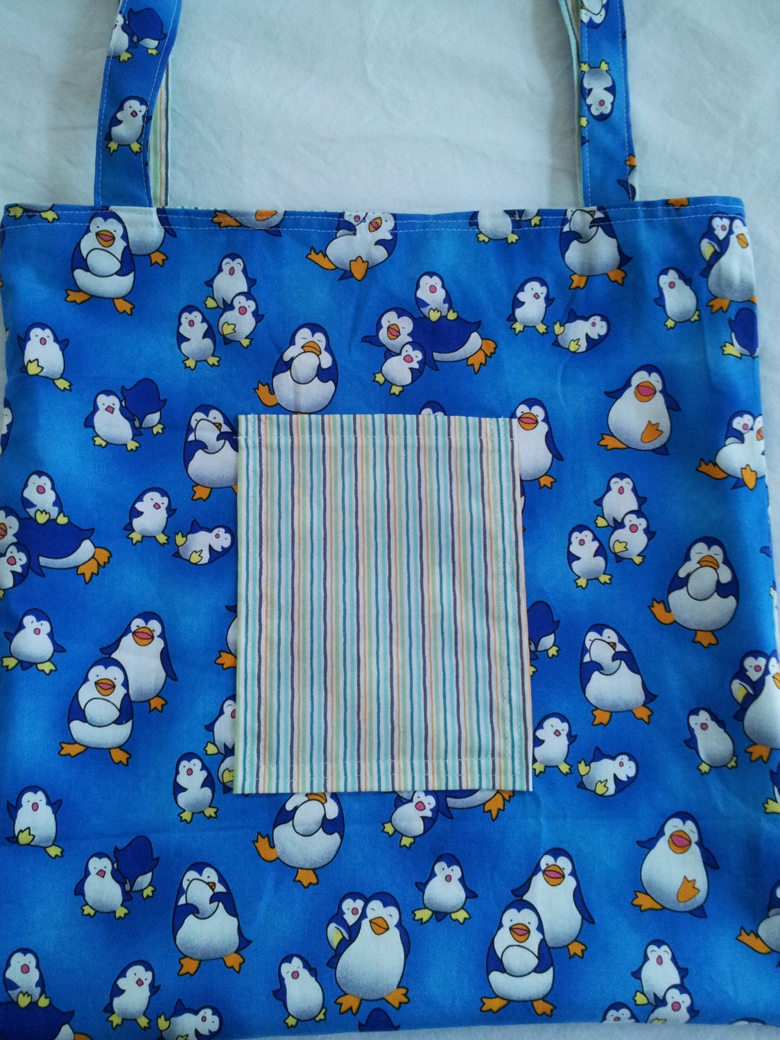 CUTE Penguin Reversible Tote Bag  for Library eco shopping farmers market and more Blue
