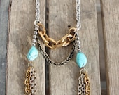 Mixed Metal Chain Fringe Turquoise stone Necklace