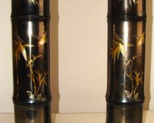 Pair of Mid Century  Faux Bamboo Metal Lamps with Artist Signed Hollywood Regency Chinoiserie Brass Bamboo Accents