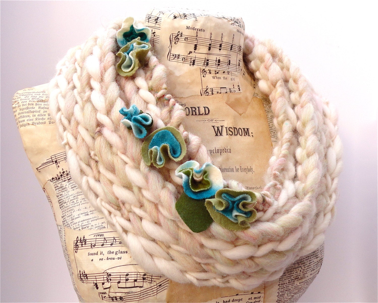 Cafe au Lait Scarf Chunky Knit Merino Romney Handspun Art Yarn Blue Felt Flowers