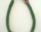 Crocheted necklace in pistachio green with old pink and lime yellow details