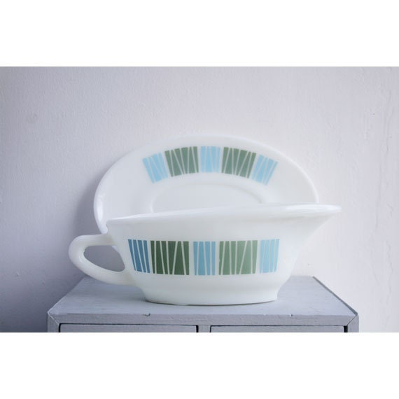 sage green and duck egg blue vintage JAJ pyrex gravy boat and saucer-matchmaker design