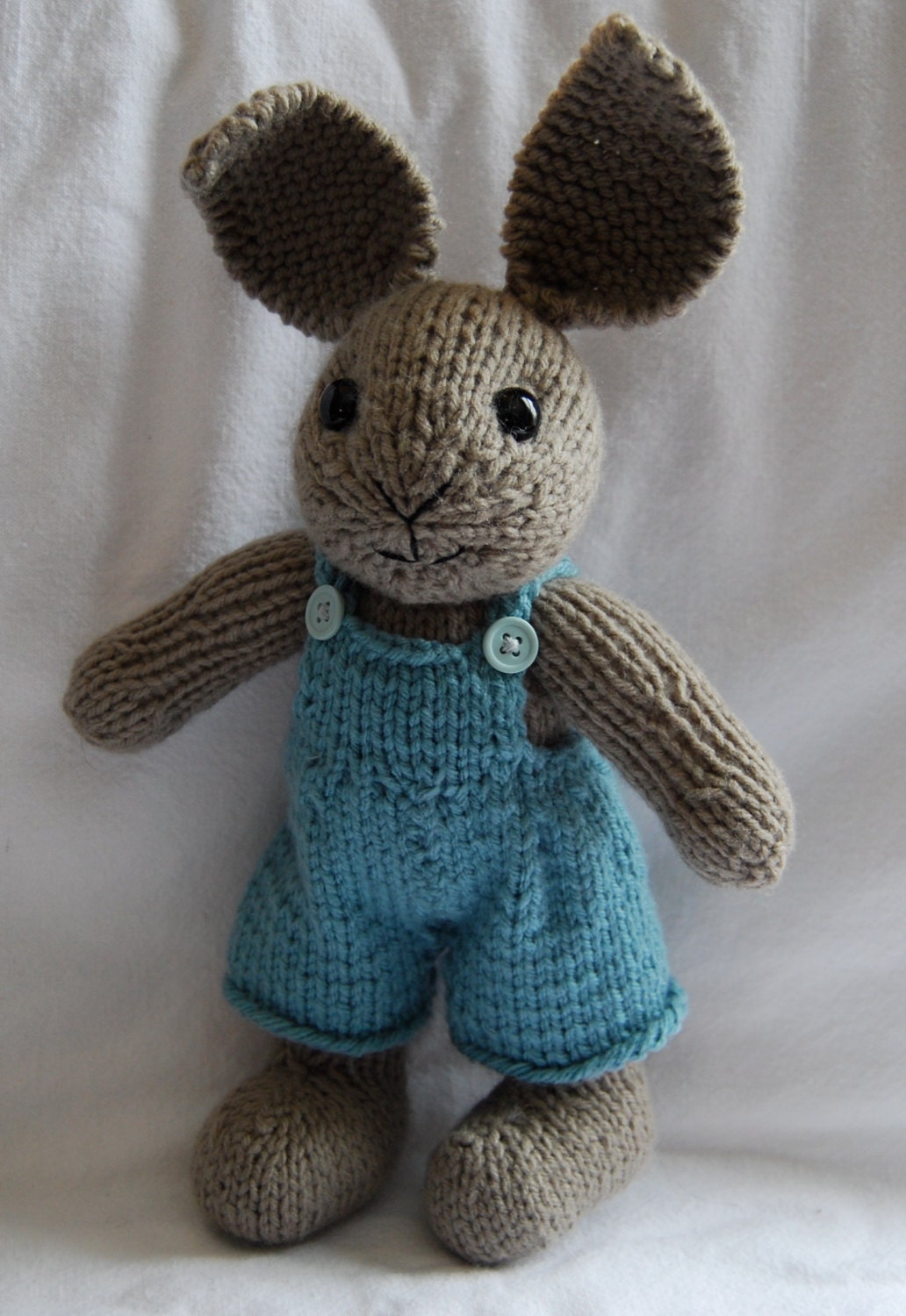 HandKnit Boy Easter Bunny Stuffed Toy with Overalls by Hipknittist