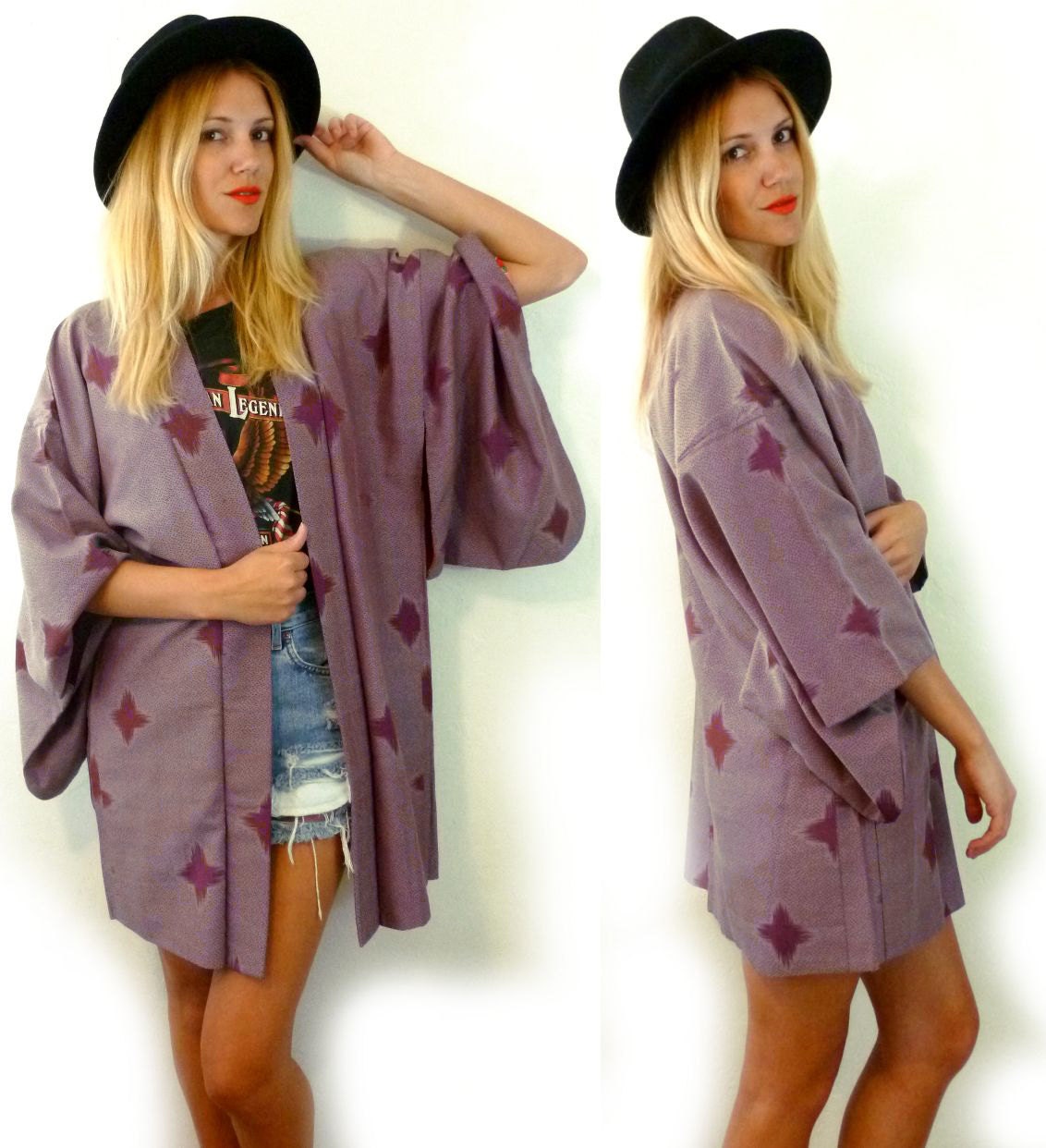Vtg 70s Mauve Diamond Silk KIMONO Jacket Wide Sleeve Boho JAPANESE Coat/ Outerwear Womens