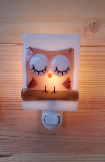 Nightlight owl, fused glass, pink, baby, room decoration, nursery, shower gift, kid room, children
