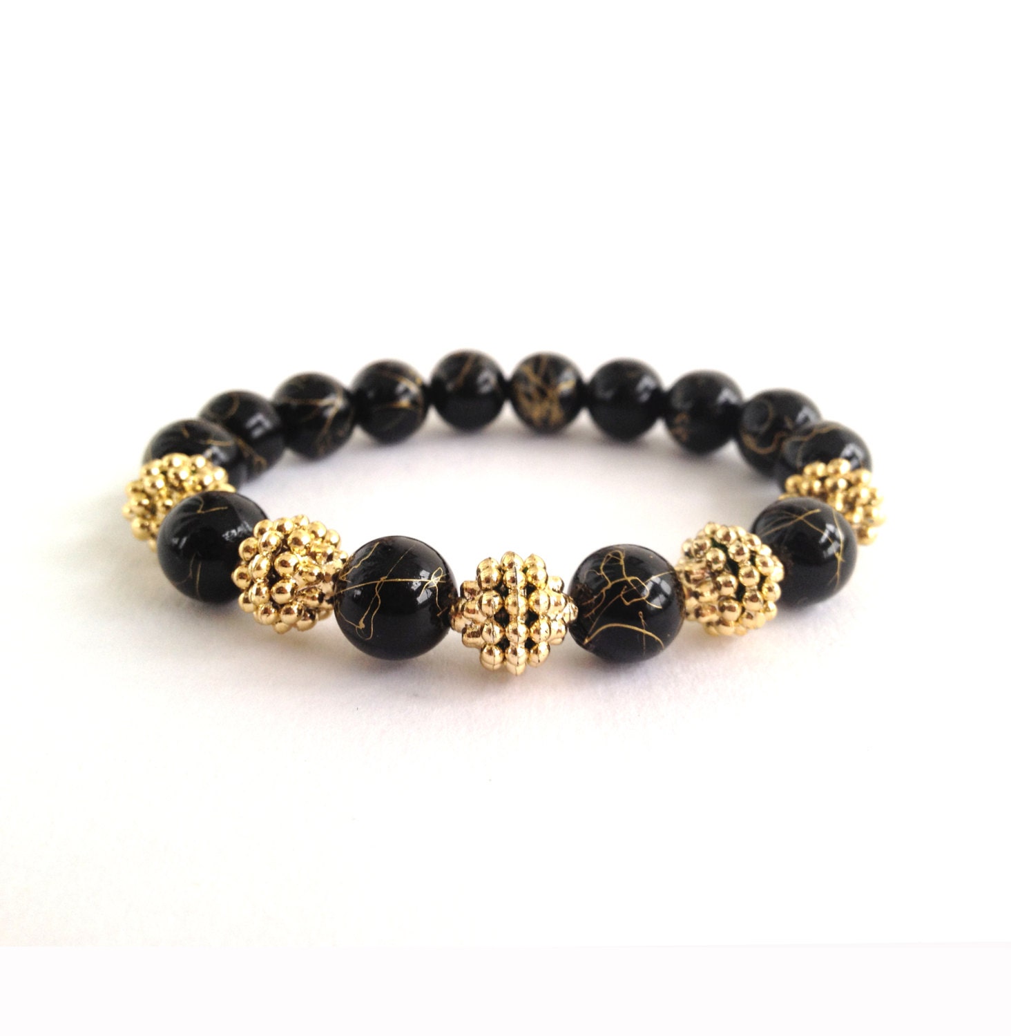 Gold Drizzled Black Arm Candy Bead Bracelet with Gold Stardust Balls