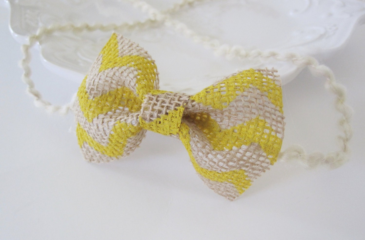 Yellow Chevron Burlap Bow Tie, Neck Tie, Tie Back Headband - Newborn, Boy, Baby, Child Bow Tie and Photography Prop