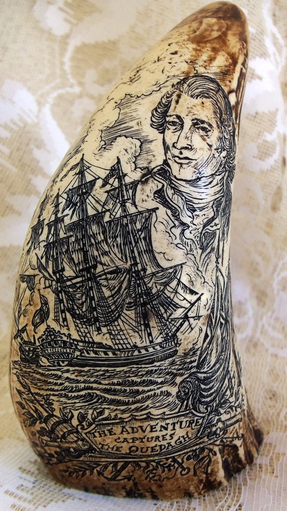 Unusual Vintage Museum Quality Ivoryite, Micarta Scrimshaw Whales Tooth, Artist Done Rendition of Ship and Master