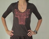 Dark Deco Custom Pattern Hand Drawn Upcycled Brown Womens Bleach Art T Shirt Size Extra Small