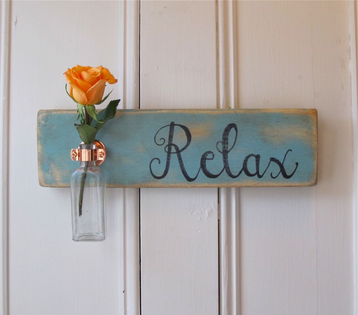 Wall Flower Vase, Relax, Antique Bottle, Copper Hanger, Spring, Home Decor, Light Blue Chalk Paint