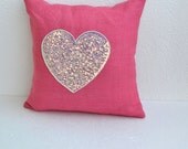 Pink Burlap Pillow with Sequins Heart pillow cover  16X16 inches cushion cover Valentine gift decor Easter decor st. patrick day