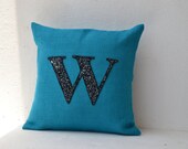 Customized Sequin Monogram decorative pillow- Sequin Throw pillows - Blue Burlap pillow cover - Cushion cover 16X16