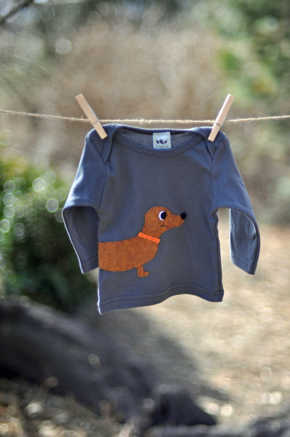 Dog Grey T-shirt - American Apparel 100% Cotton Baby or Toddler Long Sleeve Shirt - Felt Dachshund Puppy Applique