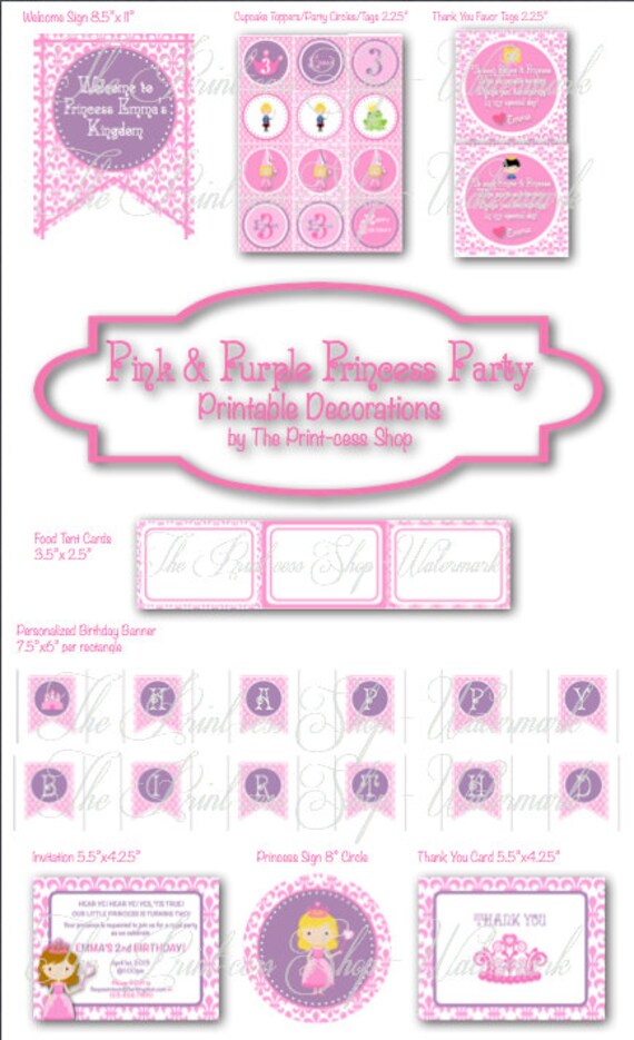 Pink Princess Birthday Party Printable Decoration Pack Personalized, Custom in PDF Format, Pink and Purple Il_570xn
