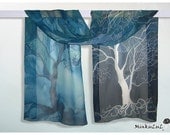 Long Silk Scarf ' Trees in blue ' hand painted Scarves - blue turquoise azure white