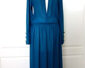 Vogue Style Sheer Teal Chiffon Straight Cut Long Sleeves with Gold Buttons Evening Dress