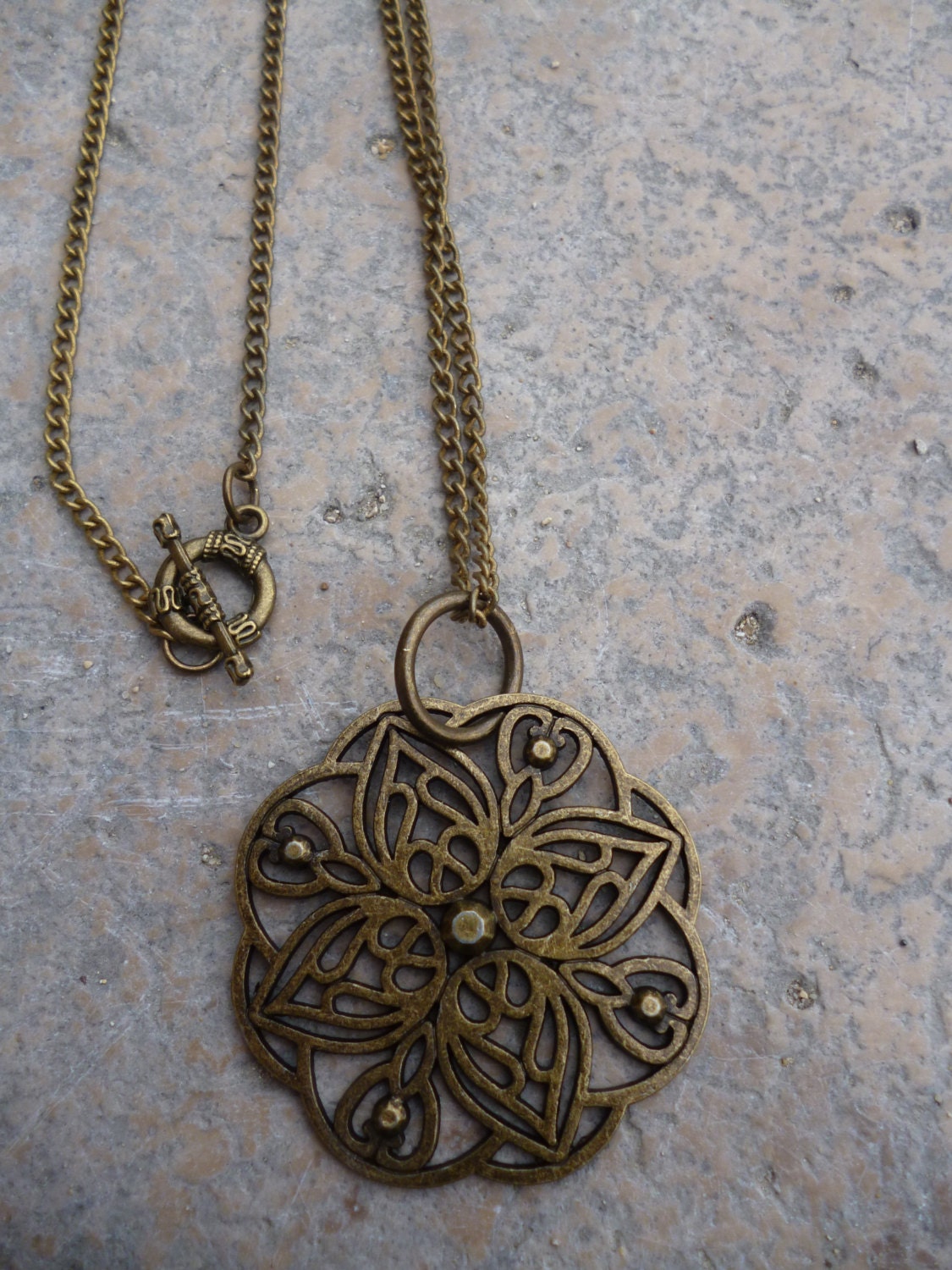 Art Deco Arabesque, Vintage Style, Antique brass long necklace with large antique brass filigree