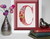 Red Vintage stamp initial, ANY letter, Original personalized art, kids room, new baby gift, nursery decor, 8x10, christening present