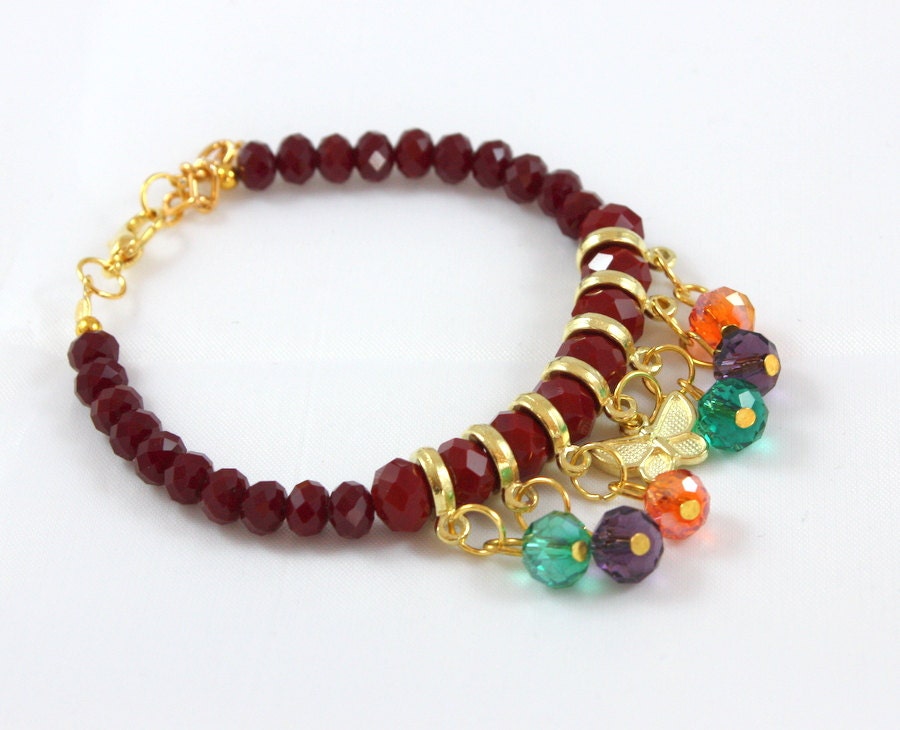 Dark Red - Wine Beaded Charm Bracelet- Spring Summer Bracelet- Czech Crystals- Ready to Ship